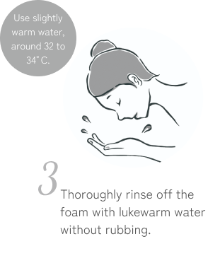 Rinse off the lather thoroughly with slightly warm water (about 32-34°C) without rubbing.